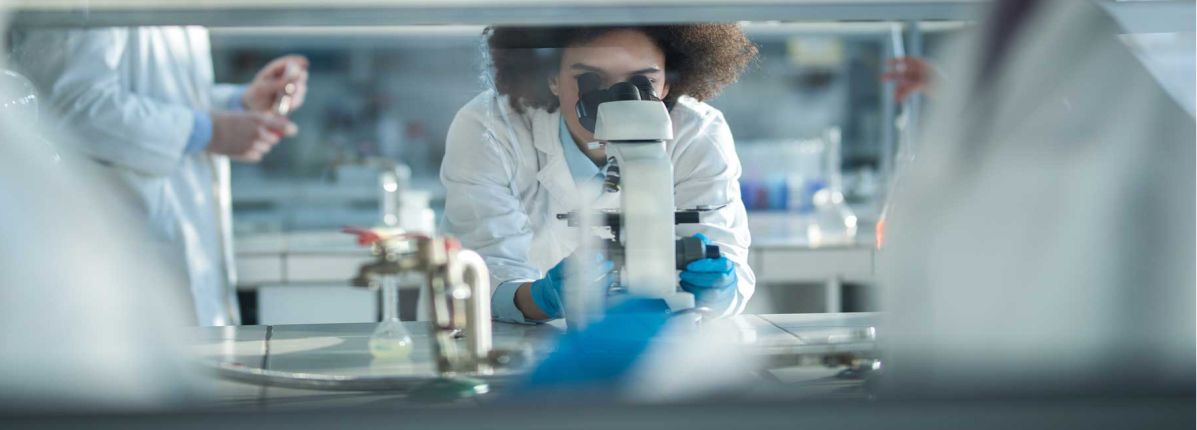 Scientist looking under microscope