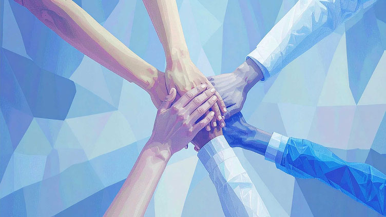 Illustration of several hands stacked together in a show of unity and teamwork, with a blue geometric background.
