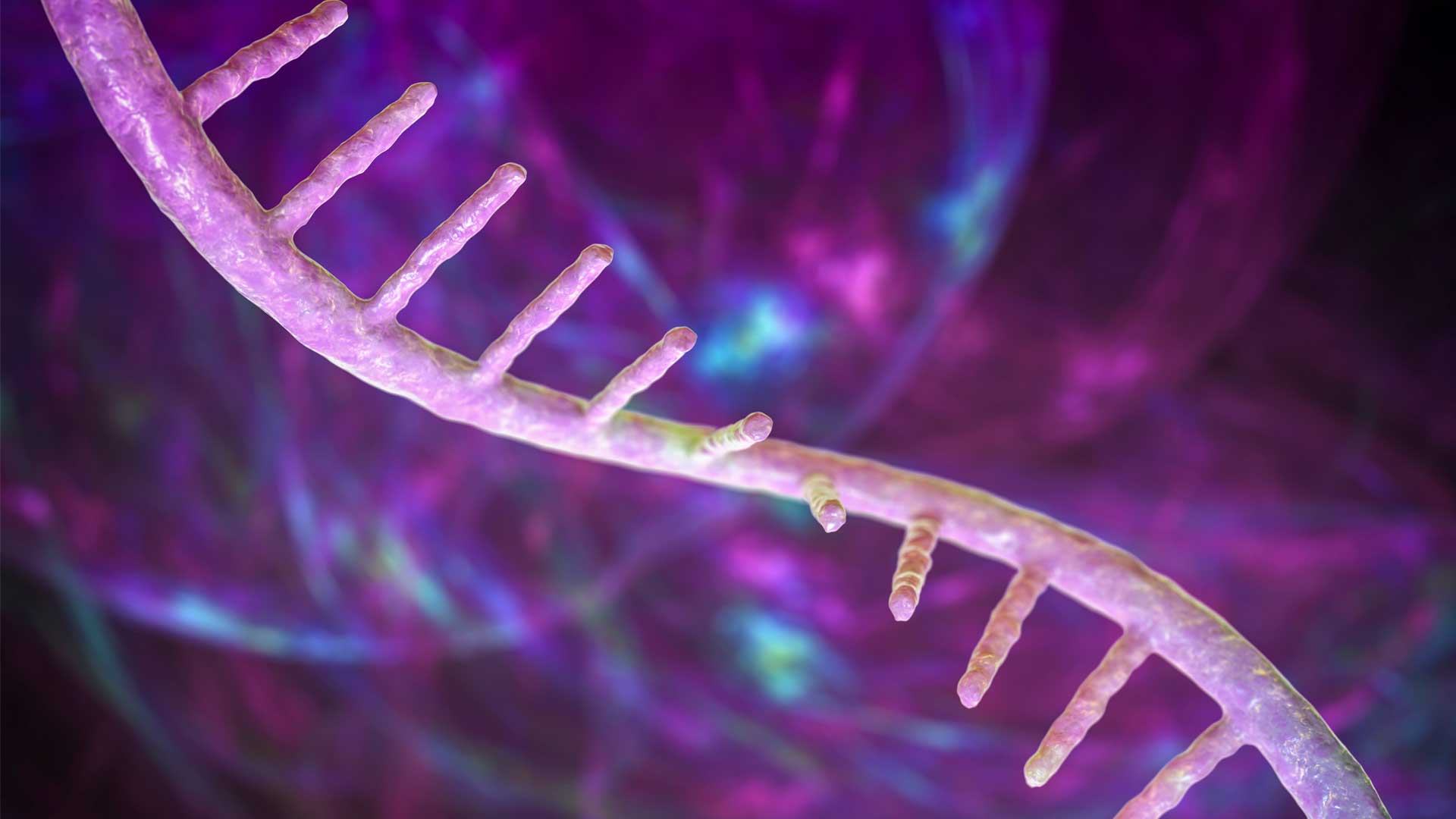 RNA strand in a stylized, colorful molecular background.
