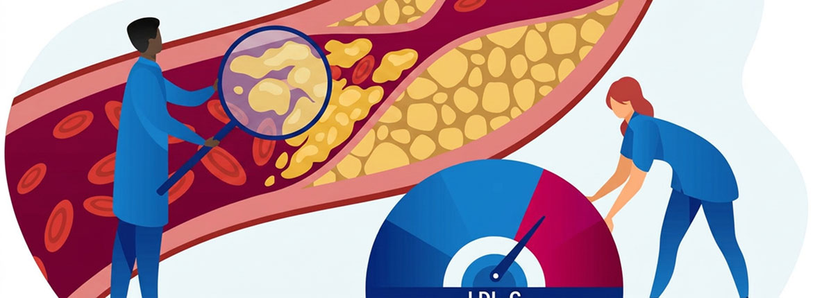 A graphic showing the impact of high LDL-C levels in the wall of a blood vessel.