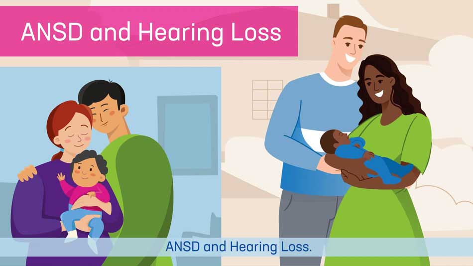   2 Families holding their baby and the text "ANSD and Hearing Loss"