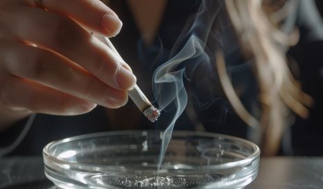  Person holding a lit cigarette over an ashtray