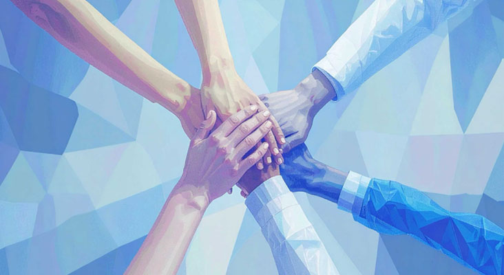 Illustration of several hands stacked together in a show of unity and teamwork, with a blue geometric background.