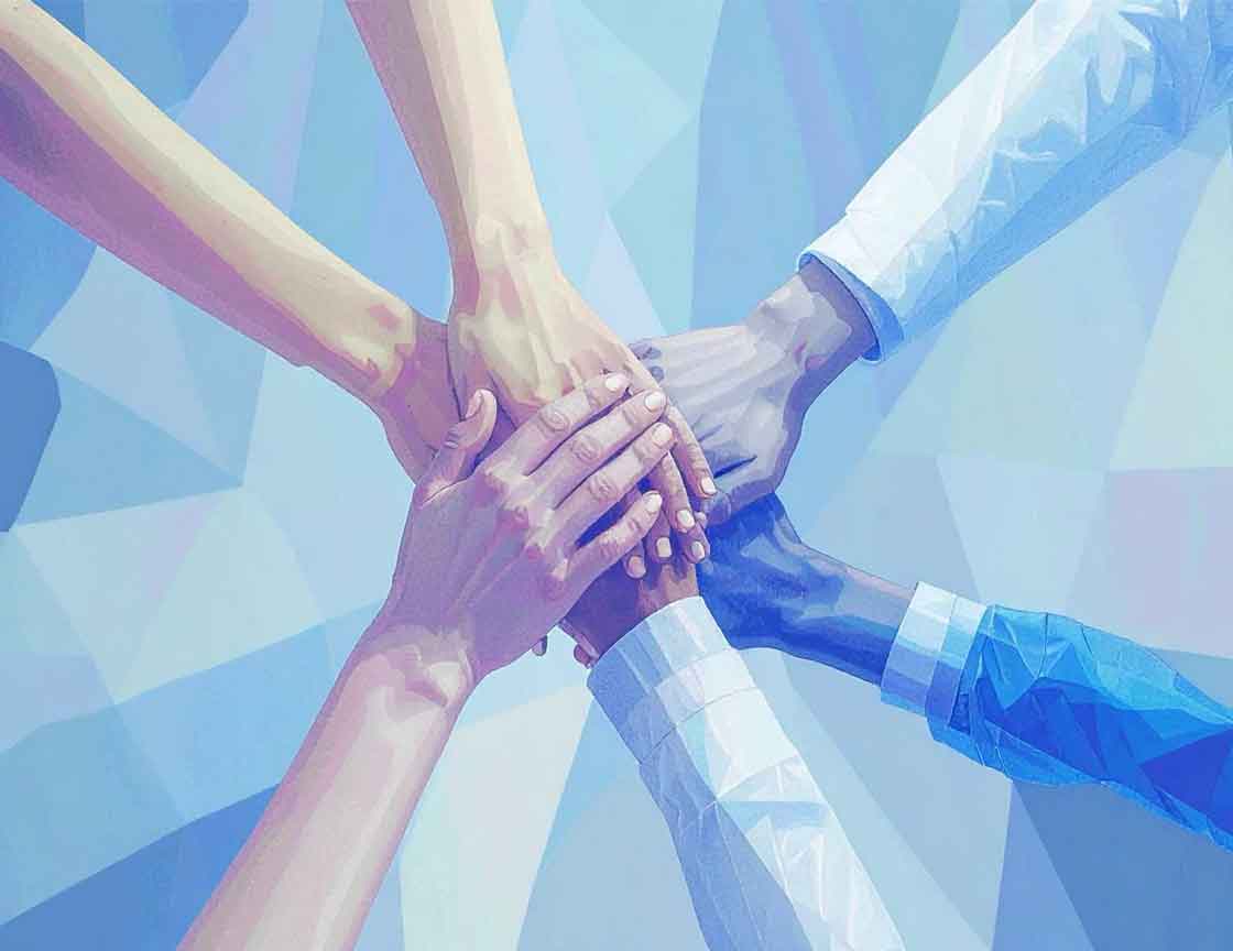 Illustration of several hands stacked together in a show of unity and teamwork, with a blue geometric background.