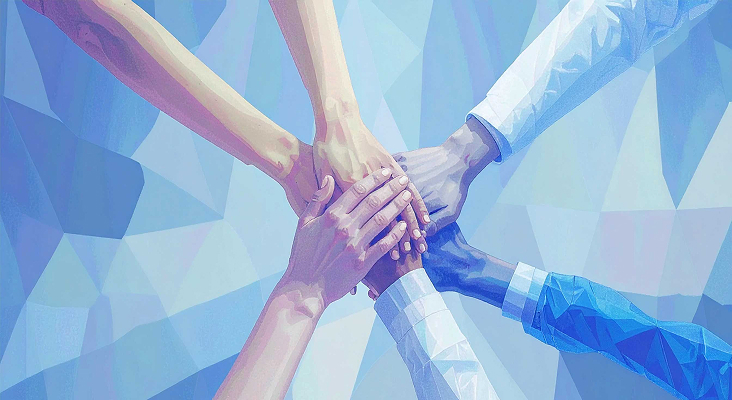 Illustration of several hands stacked together in a show of unity and teamwork, with a blue geometric background.