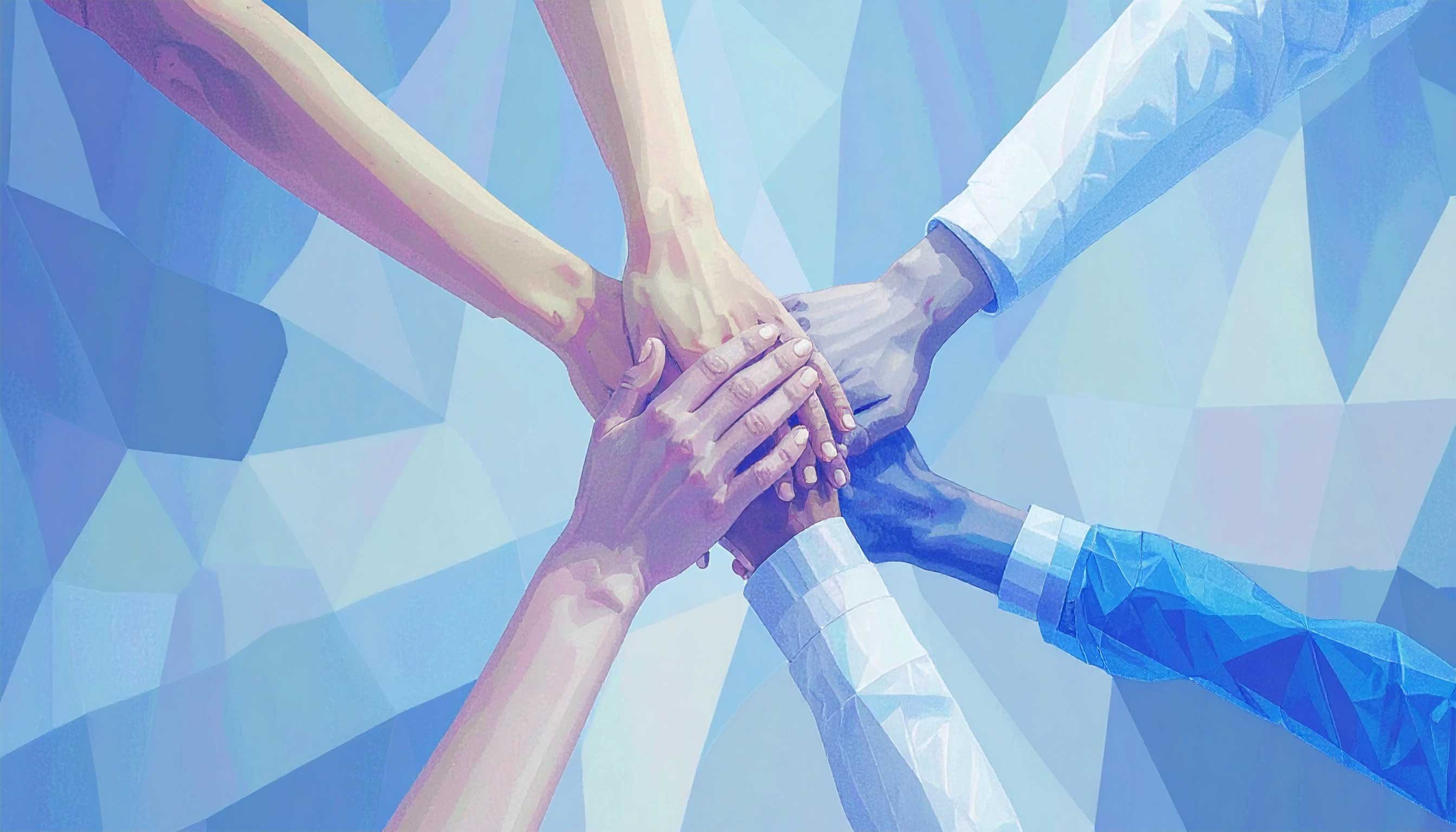 Illustration of several hands stacked together in a show of unity and teamwork, with a blue geometric background.