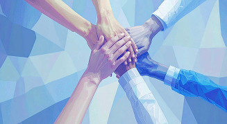 Illustration of several hands stacked together in a show of unity and teamwork, with a blue geometric background.
